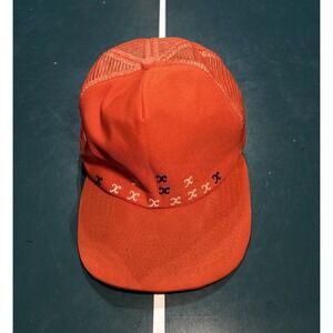 Vintage 80s New Era Snapback Trucker Hat Orange Mesh Pro Model Dupont Visor USA